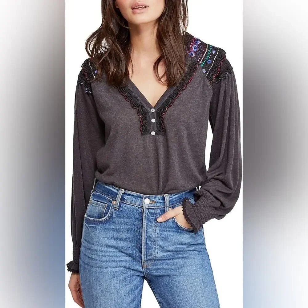 Free People Siesta Fiesta Crochet Top in Black Combo Size XS.